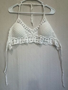 Ivory White Crochet Halter Bralette Top Sz Small Music Festival Coachella